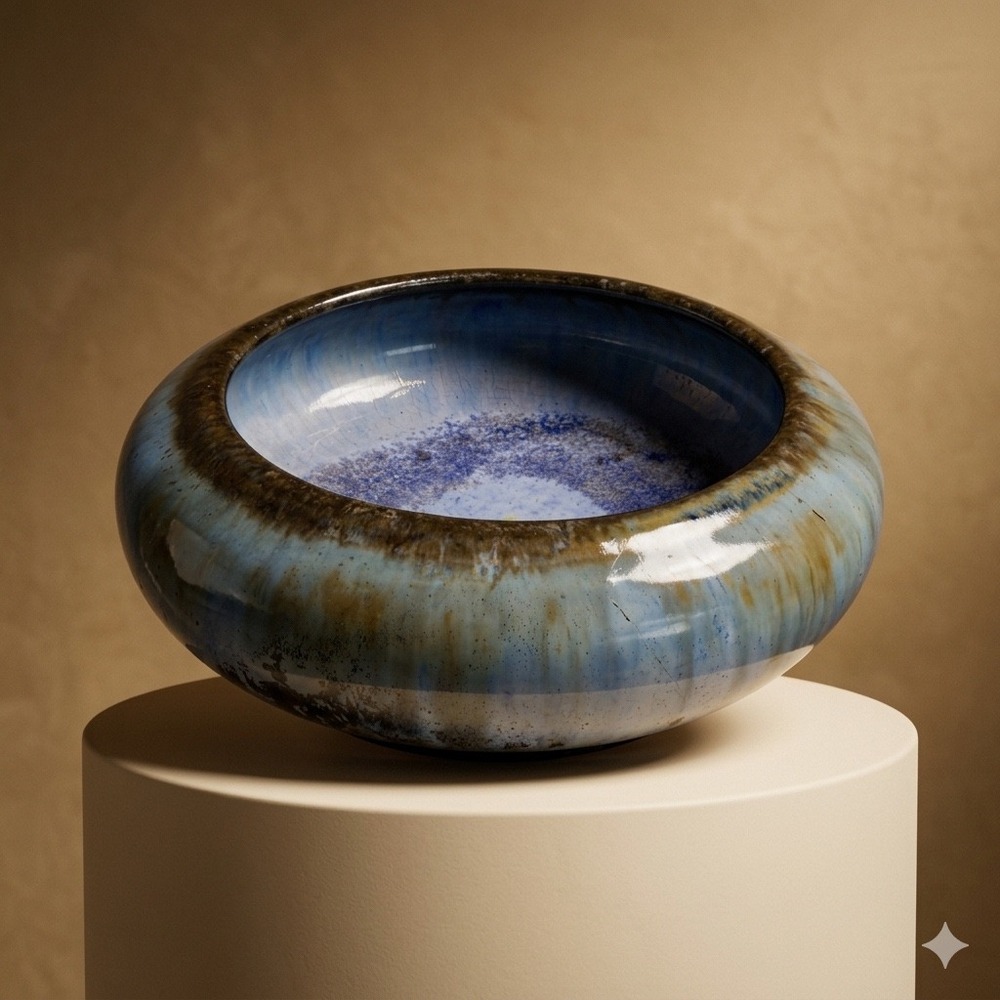 Fulper Pottery Flambe Low Bowl Blue Brown Arts & Crafts Signed 6"‎ Antique